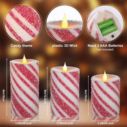 Christmas Flameless Pillar Candles Decor - 3PCS Candy Cane Stripe Real Wax Red and White LED Candles with Battery Operated for Home Christmas, New Year, Winter Wedding Party Decoration or Gift