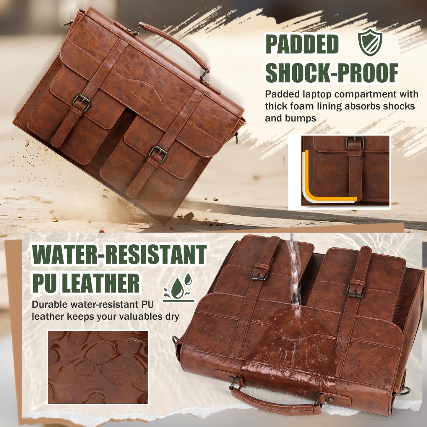 RAINSMORE Mens Messenger Bag 17 Inch Vintage Leather Laptop Briefcase Magnetic Closure Large Satchel Computer Shoulder Bag