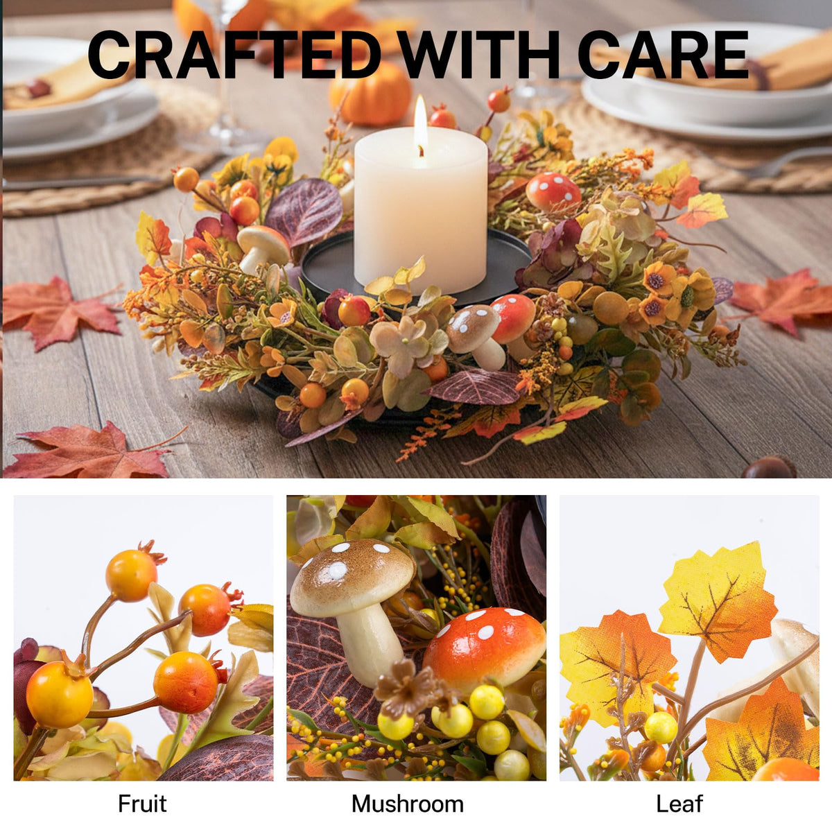 MOYEE Candle Holder Centerpieces for Tables,Candle Ring,Wreaths, Black Metal Candle Stick Paired Artificial Flowers 14 in Versatile Dining Table Centrepiece (Daisy Mushroom Wreath)