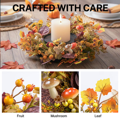MOYEE Candle Holder Centerpieces for Tables,Candle Ring,Wreaths, Black Metal Candle Stick Paired Artificial Flowers 14 in Versatile Dining Table Centrepiece (Daisy Mushroom Wreath)