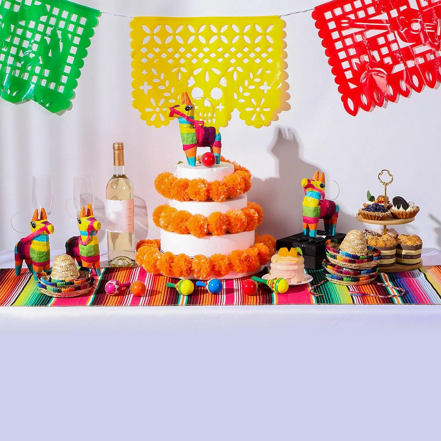Libima 26 Pcs Mexican Decor Fiesta Decorations Include 6 Donkey 12 Large Fiesta Maracas 2 Serape Table Runners 6 Sombrero Hats for Mexican Decorations Favors(Boho)