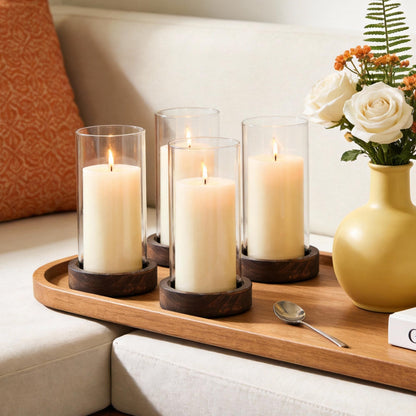 Ronasip Set of 4 Hurricane Candle Holders - 4.6x7.8 Inch Rustic Wooden Base with Glass Cylinder, Brown Pillar Candle Holders for Wedding Centerpieces, Home Decor, Table & Mantel Decorations