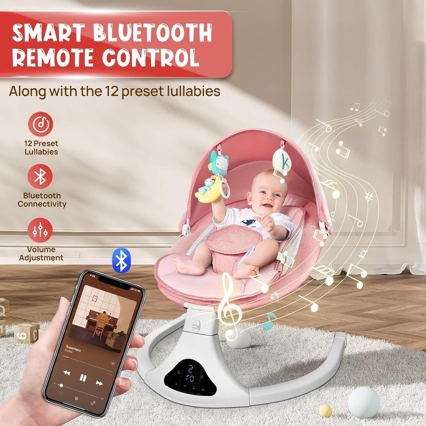 Electric Baby Swing for Infants to Toddler| Portable Infant Swing with Remote Control, Swing with 5 Speeds, 3-Point Harness for Baby Boy Girl (Pink)