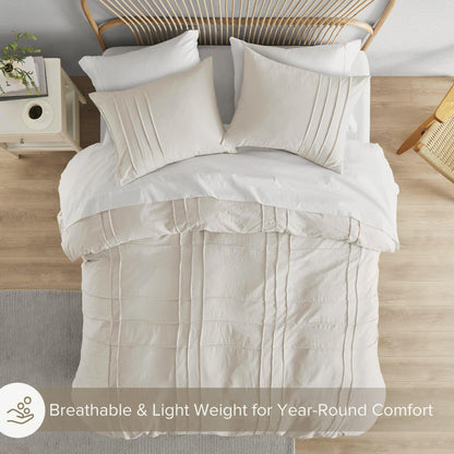 Comfort Spaces Cream Queen Size Duvet Cover Set - 3 Pieces Pintuck Pleated Duvet Cover Queen, All Season Lightweight, Extra Softness Pre-Washed Microfiber Queen Bedding Cover Shams, Full/Queen