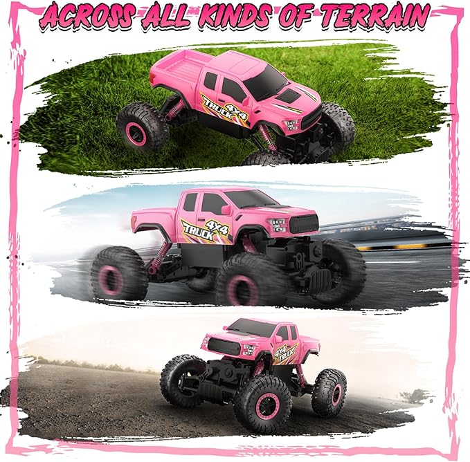 Double E Raptor F150 RC Car 4WD 2 Motors Monster Trucks for Girls 11 Inches Off Road Crawler Vehicle Truck Toy with Rechargeable Battery Gift for Kids 6 7 8 9 10 11 12 Years-Pink