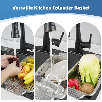 Over the Sink Colander Strainer Basket - ALL METAL Extendable Drain Colander for Wash Vegetables and Fruits Dry Dishes, 6 Quart Large Size, New Home Kitchen Essentials