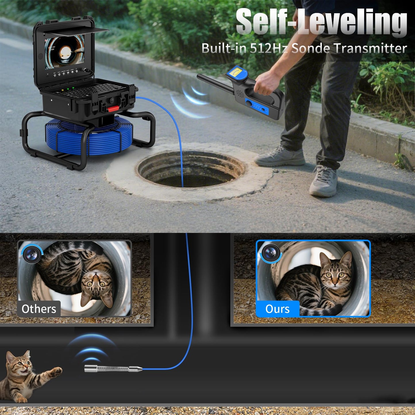 JINXINEBAY 10 Inch IPS Sewer Inspection Camera with 512Hz Locator, 1080P AHD, 50M Cable, DVR, Auto Self-Leveling, 5X Zoom, TF Card, LED Lights for Pipe/Wall/Drain (100FT/512hz Locator)