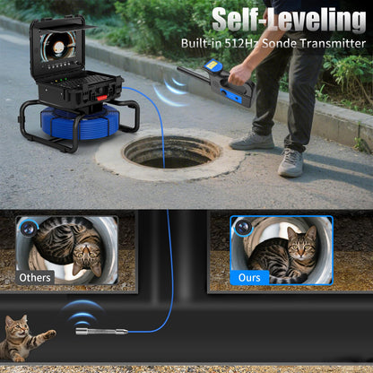 JINXINEBAY 10 Inch IPS Sewer Inspection Camera with 512Hz Locator, 1080P AHD, 50M Cable, DVR, Auto Self-Leveling, 5X Zoom, TF Card, LED Lights for Pipe/Wall/Drain (165FT/512hz Locator)