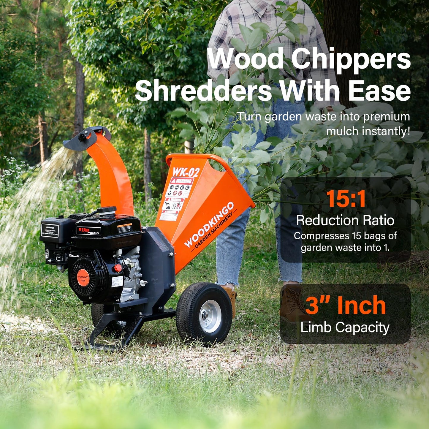 WOODKINGO Mini Wood Chipper Shredder Mulcher Heavy Duty 7HP Compact Design 3" Inch Max Capacity 212cc Gas Powered Engine 4-Stroke Fast Chipping Chopping for Forestry, Gardens,Landscaping(WK-02)