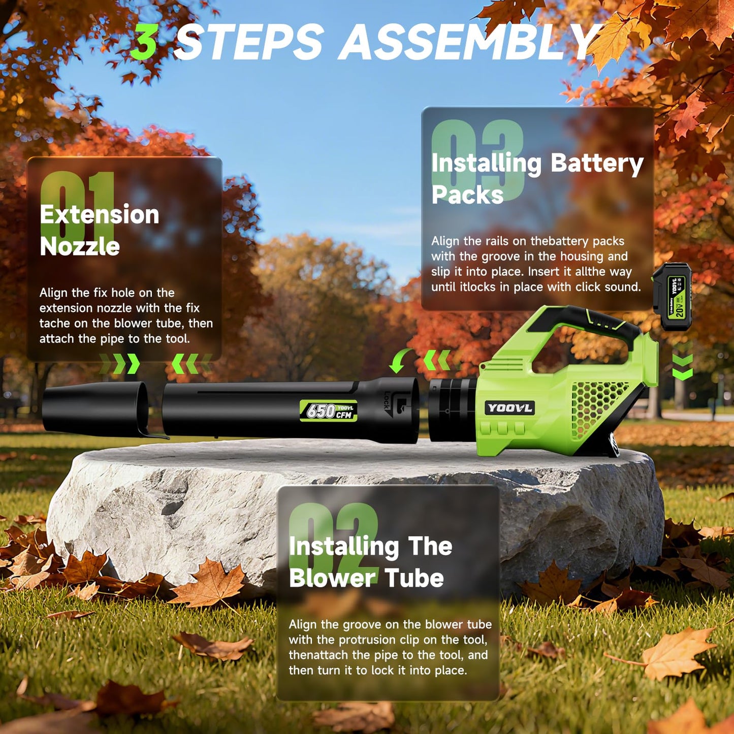 Leaf Blower Cordless, 650CFM Electric Leaf Blowers with 2 x 5.2Ah Batteries and Charger, 3 Speed Modes, 1 x Adjustable Shoulder Strap, Powerful Blowers for Lawn Care, Patio, Dust, Blowing Leaves