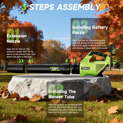 Leaf Blower Cordless, 650CFM Electric Leaf Blowers with 2 x 5.2Ah Batteries and Charger, 3 Speed Modes, 1 x Adjustable Shoulder Strap, Powerful Blowers for Lawn Care, Patio, Dust, Blowing Leaves