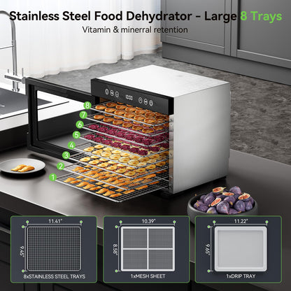 Food Dehydrator Machine, 650W Dehydrator with 8 Stainless Steel Trays, Adjustable Timer & Temperature for Jerky, Fruits, Herbs, Dog Treats, Party Meal Prep