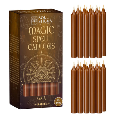 SOUL STICKS Gaia Magic Spell Chime Taper Candles 20 Pack - Ideal for Altar, Rituals, Ceremonies, Meditation Brown Chime Candle for Witchcraft Supplies, Wiccan Supplies, Candles Clearance