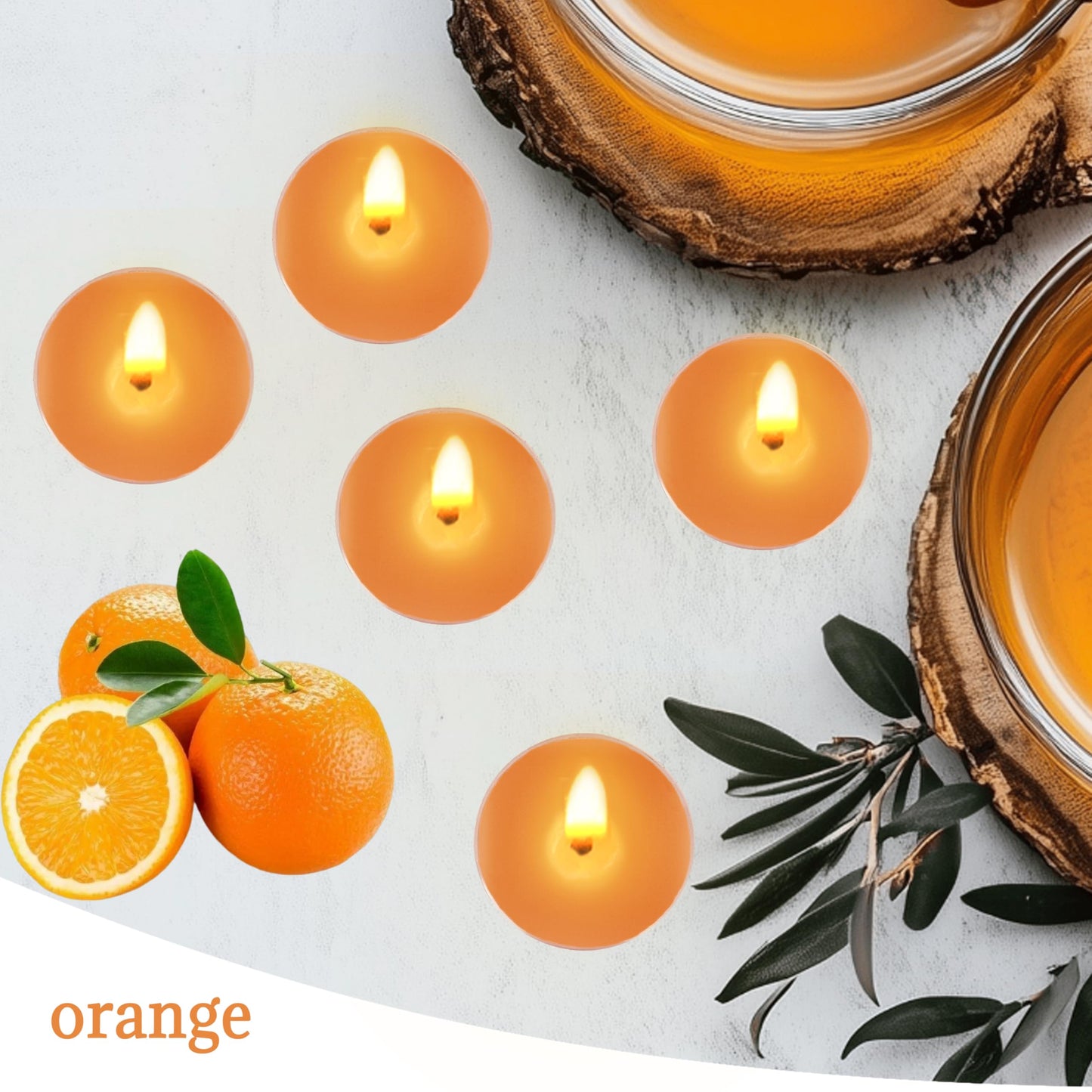 Orange Scented Tea Lights - Handmade Small Round Candles in Transparent Cups, Clean Burning Smokeless 4-Hour Burn, Perfect for Fall Decor, Thanksgiving & Cozy Evenings