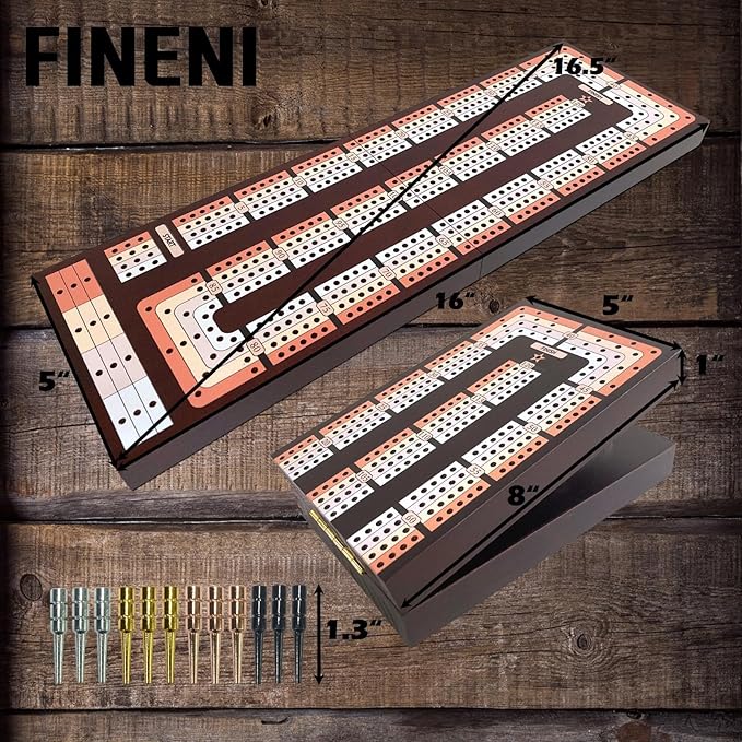 Foldable Cribbage Board Game Set Premium Wooden Foldable Board with Magnetic Lock 12 Metal Pegs Playing Cards with Travel Portable – Continuous 4 Track Board (Dark2)