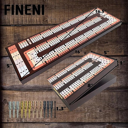 Foldable Cribbage Board Game Set Premium Wooden Foldable Board with Magnetic Lock 12 Metal Pegs Playing Cards with Travel Portable – Continuous 4 Track Board (Dark2)