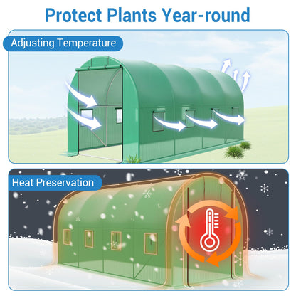 15x7x7 Ft Walk-in Tunnel Greenhouse for Outdoor Gardening - Heavy Duty Galvanized Steel Hoop House with Green PE Cover, Roll-Up Zipper Door & 8 Vent Windows, Plant Protection & Year-Round Growing