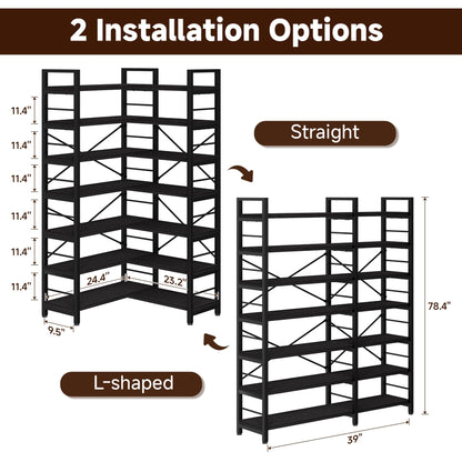 TEROL 7-Tier Corner Bookshelf, Reversible Wooden Shelves, Industrial Bookcase with Open Shelves and Sturdy Metal Frame, Display Shelf Storage Rack for Living Room, Bedroom, Home Office (Black)