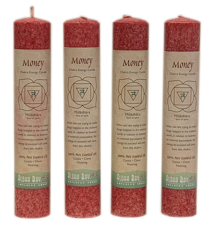 Premium Scented Candle Hand Made Chakra Energy Pillar | 4-Pack | Money, Muladhara | Yoga, Prayer & Meditation Candle | Long Burn 15 Hours | Essential Oils of Cassia, Clove & Nutmeg | Aloha Bay