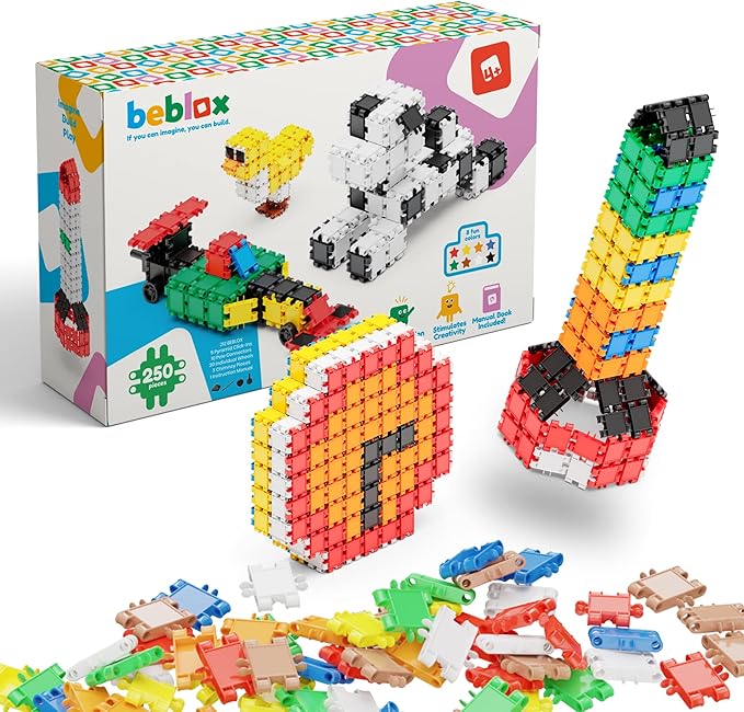 Beblox Building Blocks for Kids - 250-Piece Connecting Tiles Set - Interlocking Building Blocks for Kids STEM Toys Kit Fun &amp Educational Gifts for Boys &amp Girls Preschool Learning Activities