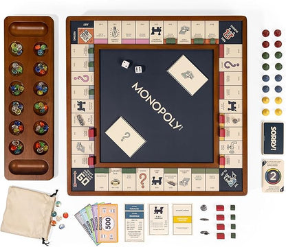 WS Game Company 3-in-1 Premium Game Collection Monopoly Sorry! Mancala with Reversible Wooden Board Built-in Storage Board Games for Family Nights Kids &amp Adults