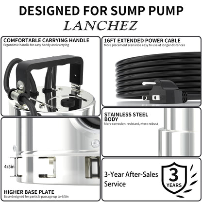 LANCHEZ 1.6HP 6000GPH Sump Pump, Stainless Steel High Flow Submersible Water Pump with Float Switch, Automatic Transfer Water Pump for Swimming Pool Basement Flooded Pit Sewage Sink Tub, Silver