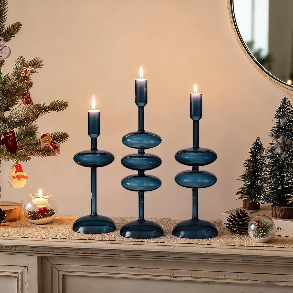 LemonRoad Glass Taper Candle Holders Set of 3, Bubble Candlestick Holders for Table Centerpiece, Elegant Wavy Stacked Geometric Candleholders for Wedding, Dinner, Party, Home Decor(Deep Blue)