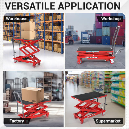 Hydraulic Lift Table Cart, 770lbs Capacity 50" Lifting Height Hydraulic Table Cart, Double Scissor Lift with Non-Slip Pad for Material Handling and Transportation, Red
