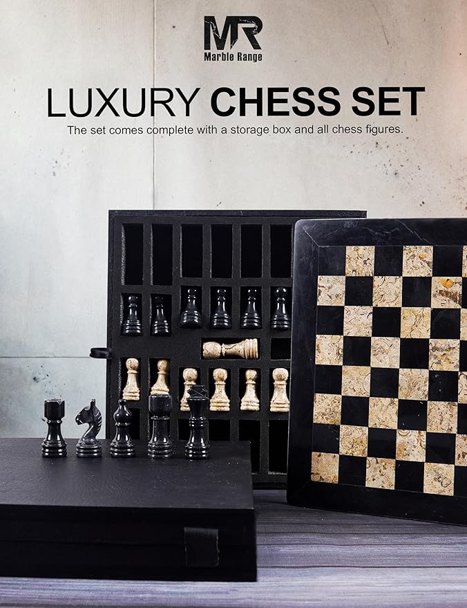 Marble Chess Set for Adults 12 Handmade Black &amp Coral Board Game with 32 Chess Pieces 2 Extra Queens &amp Storage Box Luxury Travel Game Elegant for Home Decor