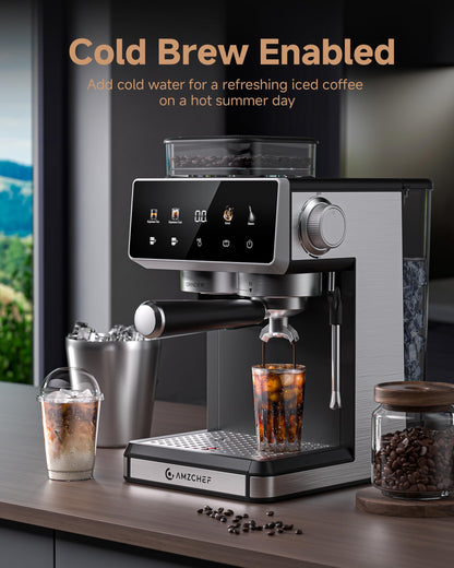 AMZCHEF Espresso Machine with Grinder, 3 Temp 197-205℉ Professional Espresso Machine, 3-10s Pre-Infusion, 20 Grind Settings, Latte Cappuccino Maker Home Barista, Black