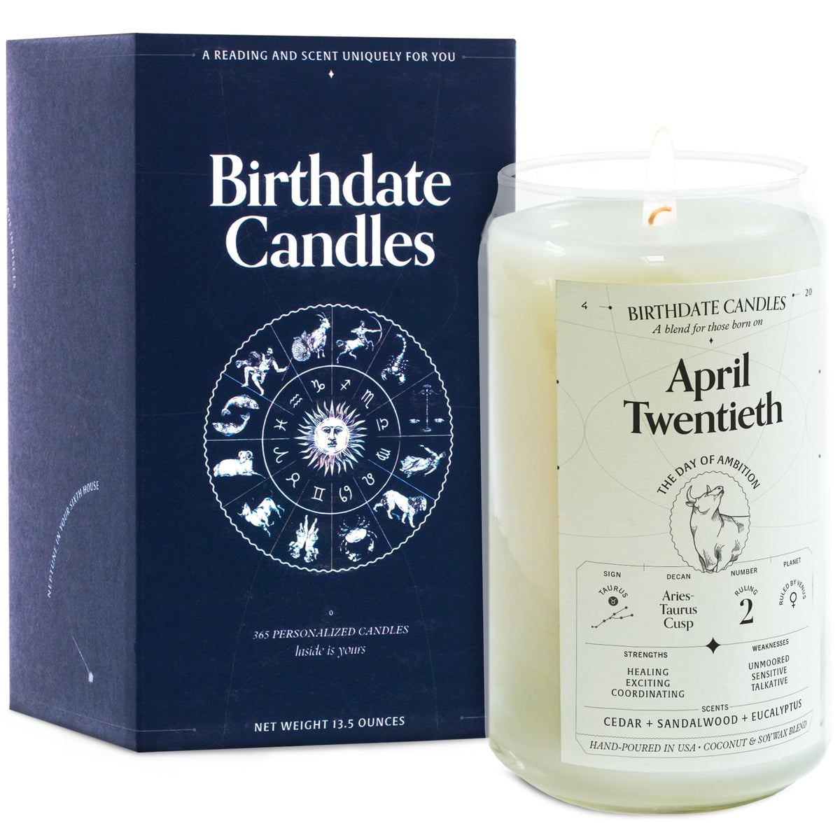 Birthdate Candles, April 20 - Taurus Zodiac Scented Candles Birthday Gift - Cedar, Sandalwood & Eucalyptus Scent - All-Natural Soy & Coconut Wax, 60-80 Hour Burn Time - Made in USA