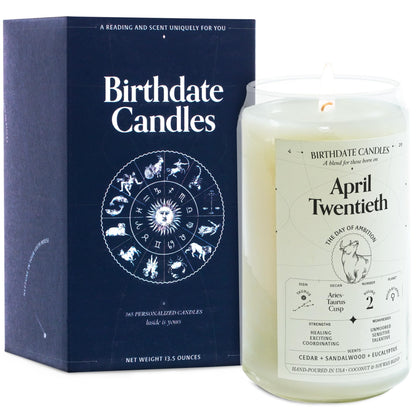Birthdate Candles, April 20 - Taurus Zodiac Scented Candles Birthday Gift - Cedar, Sandalwood & Eucalyptus Scent - All-Natural Soy & Coconut Wax, 60-80 Hour Burn Time - Made in USA