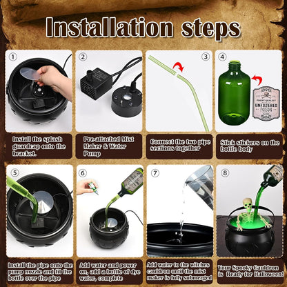 Halloween Decorations Indoor, Cauldron Halloween Decor with Magic Floating Potion Bottles and Diffuser - Black Witches Bowl Hocus Pocus Party Decoration for Spooky Home Kitchen Table (10in/25cm)