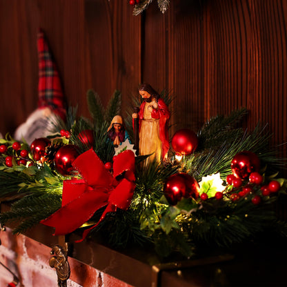 Christmas Table Centerpiece with LED Lights, Christmas Decoration with Red Jesus Pine Needle Ornament, Red Berry, Balls for Holiday Party, Home
