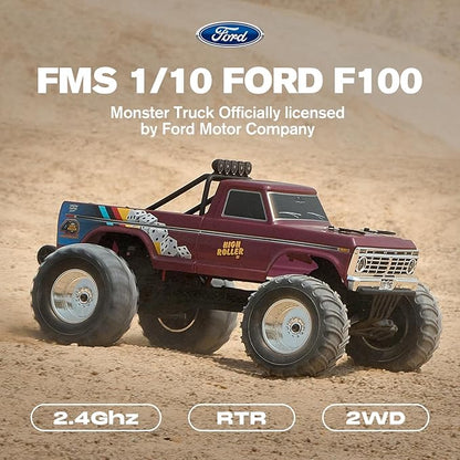 FMS 1/10 Ford F-100 RC Monster Truck RC Crawler RTR 2WD Off-Road Truck with Wheelie Bar High-Torque Motor Hobby Grade Remote Control Car for Adults Black