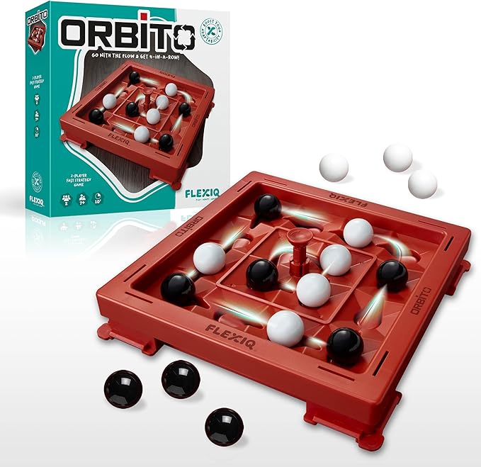 Orbito from Flex IQ 2 Player Strategy Games for Family Gatherings Great for Kids Games Includes 1 Game Board with Orbito Button 8 White Marbles and 8 Black Marbles