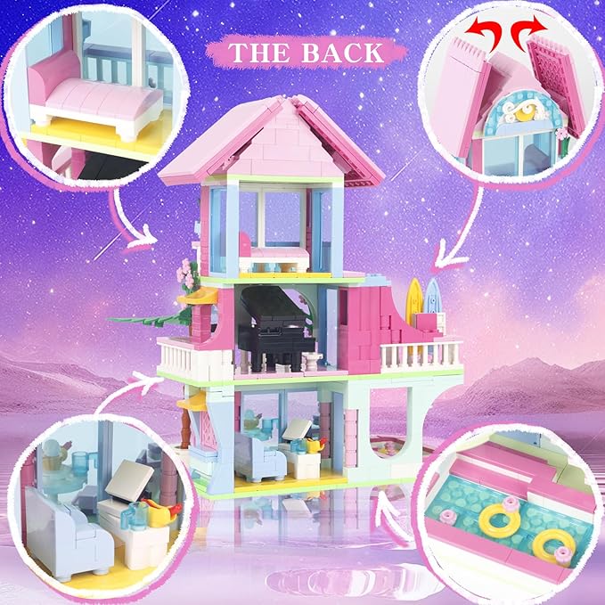 678PCS Pink Beach House Building Blocks Kit Compatible with Lego Particle SizesFriends Interactive Architecture Holiday Dream VillaUnique Birthday Gift Toy for Girls or Boys Age 6 7 8 9 10 11 12+