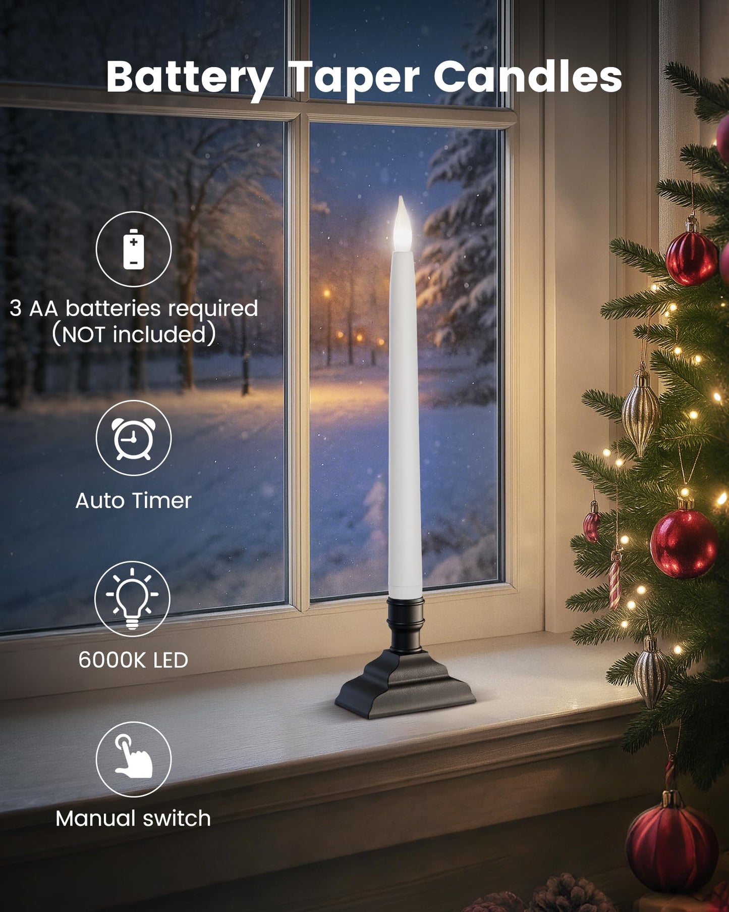 SURAIELEC Christmas Battery Operated Window Candle wiith 6H Timer, 10.5'' Taper Window Candle, Clear Flameless LED Candles, 1.7‘’ Narrow Base, Matte Black, 4-Pack (Rechargeable Battery Not Compatible)
