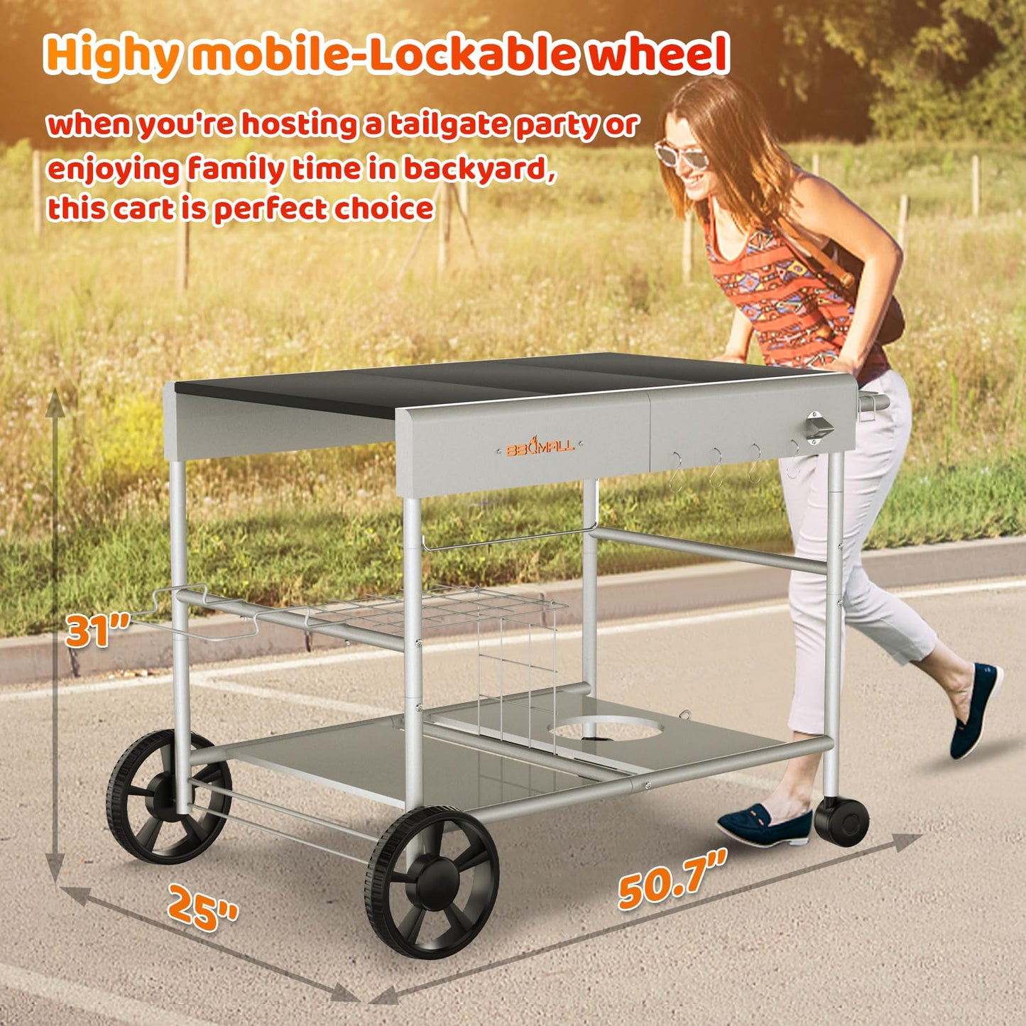 BBQMall Upgraded Pizza Oven Cart Table for Ooni Koda/Karu/Fyra 16 & 12, Movable Thicken & Widen Rolling Kitchen Cart, Outdoor Grill Stand for Ninja Woodfire,Blackstone Griddle,Barbecue Tool Set