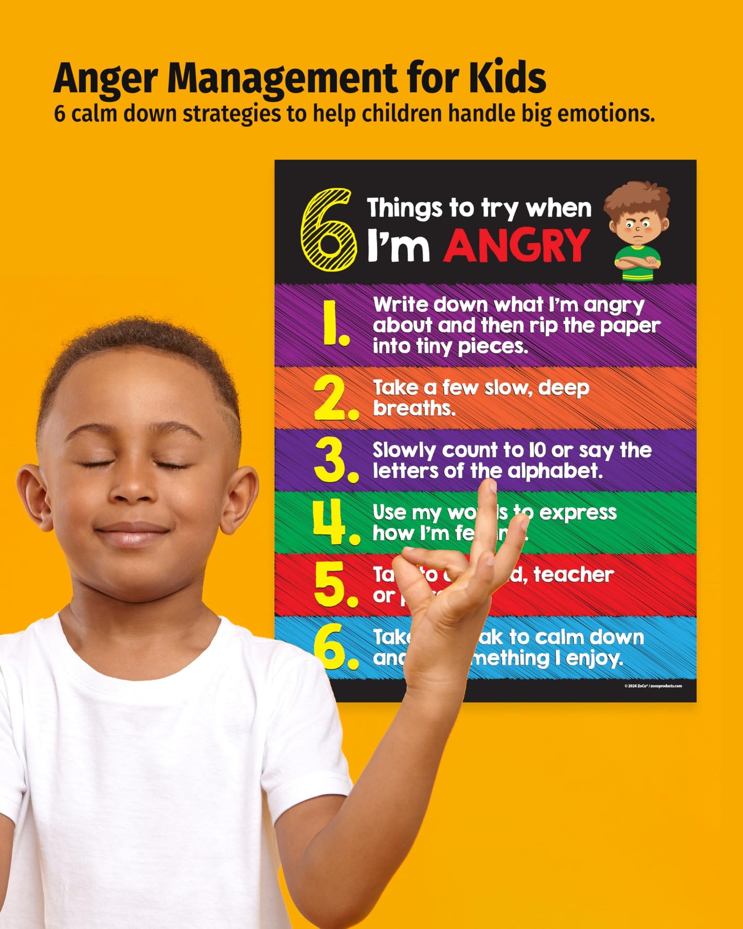 ZOCO – Anger Management Poster for Kids (20-Pack) – SEL Behavior Chart for Classroom or Calm Down Corner – Coping Skills Visual Tool – Laminated 17x22 – Preschool Elementary Emotional Regulation