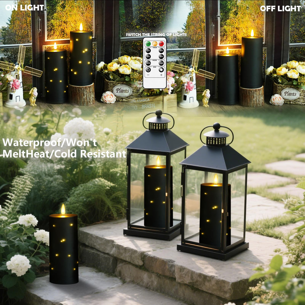 kakoya 10" x 4" Large Outdoor Waterproof Flickering Flameless Candles with Timer,2Pcs Battery Operated LED Pillar Candles with Embedded Star String for Outdoor Lanterns,Porch,Patio Decor(Black)