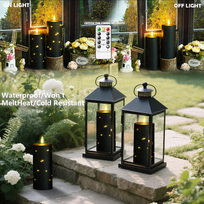 kakoya 10" x 4" Large Outdoor Waterproof Flickering Flameless Candles with Timer,2Pcs Battery Operated LED Pillar Candles with Embedded Star String for Outdoor Lanterns,Porch,Patio Decor(Black)