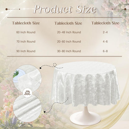 Cobedzy White 60" Round Satin Tablecloth, Jacquard Stain Resistant Table Cloths Wrinkle Free Tablecloth, Silkly Soft Table Cover for Dining Room/Party/Wedding/Banquet/Events