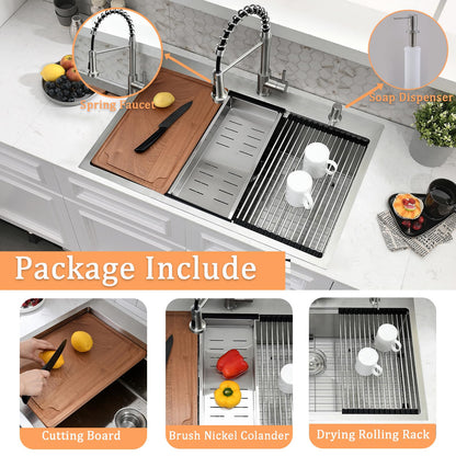WMXQX Drop In Kitchen Sink, 33x22 Kitchen Sink with Faucet Stainless Steel Top Mount Workstation Overmount Handmade Single Bowl Deep Sink with Cutting Board&Soap Dispenser