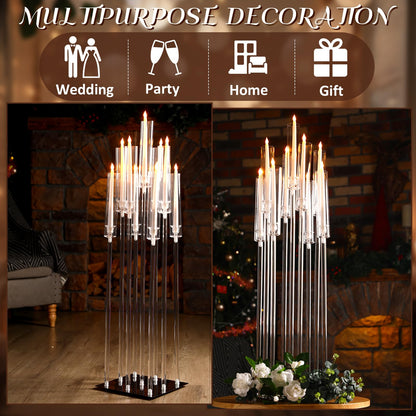 Tessco 4 Set 9 Arm Acrylic Candelabra Candle Holder 42.5'' Clear Candelabra Centerpieces for Wedding, Candlesticks Holder with Lampshade Metel Mirror Base for Wedding Christmas Dinner Party Decor