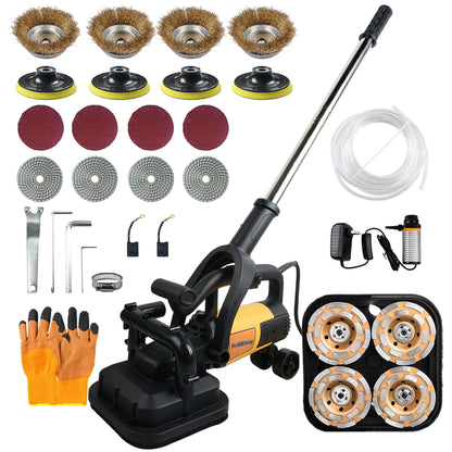 PeiXWming 4-Head Concrete Grinder Set with Long Handle, 4" Concrete Floor Grinder 3800W 0-6000RPM Concrete Surface Planer Dust Extraction Shroud Auxiliary Wheels for Grinding Concrete Cement Marble