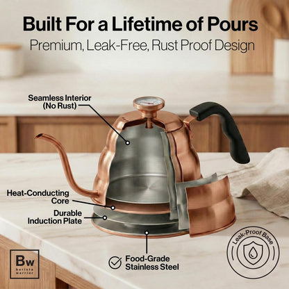 Barista Warrior Gooseneck Kettle with Thermometer - 1.2L Pour Over Coffee & Tea Kettle, Copper Coated Stainless Steel Gooseneck Kettle Pot, Precision Pour Drip Spout, Suitable for All-Stoves (40 floz)