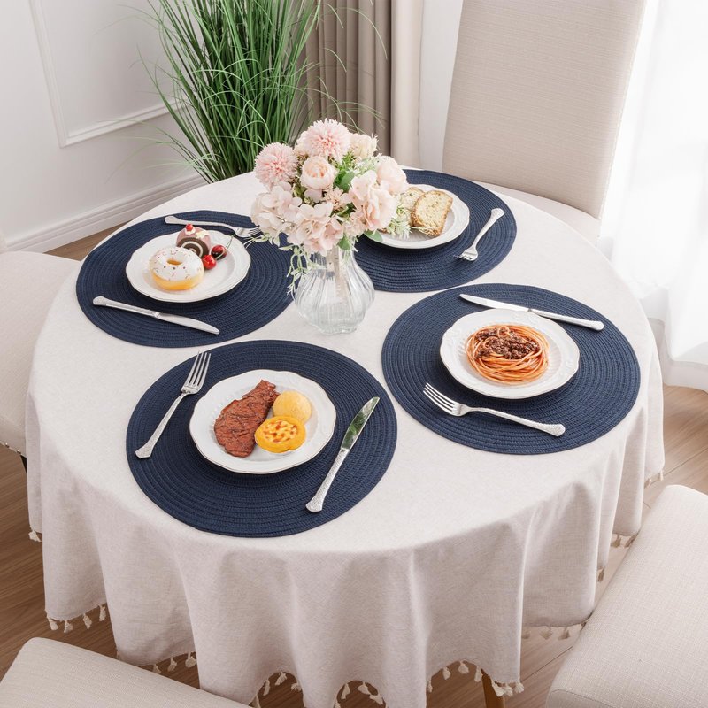 SHACOS Round Placemats Set of 6 Washable 15 inch Circle Polyester Woven Braided Place Mats for Dining Table Indoor Outdoor Table Mats Home Party Wedding Decor (Navy, 6)