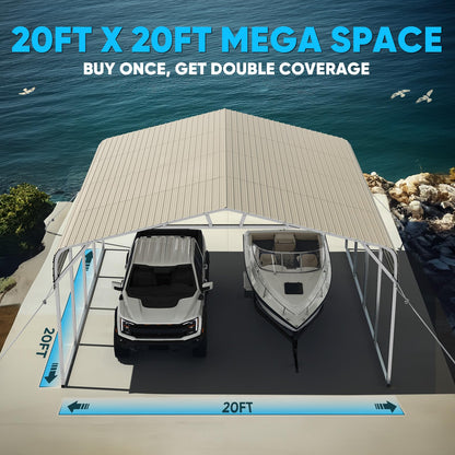 Quictent 20x20 ft Metal Roof 2 Car Carport Kits Hard Top Garage Heavy Duty Steel Car Canopy, White