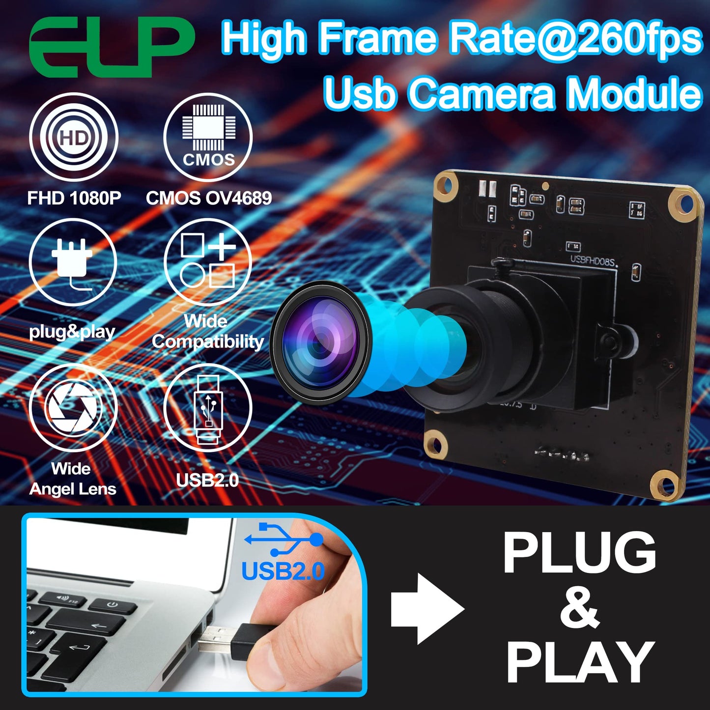 ELP High Speed USB Camera 1080P Embedded Webcam Board with 100degree No Distortion Lens for Computer High fps 60fps 120fps 260fps Wide Angle UVC USB2.0 Camera Module for Laptop 3D Printer Raspberry Pi